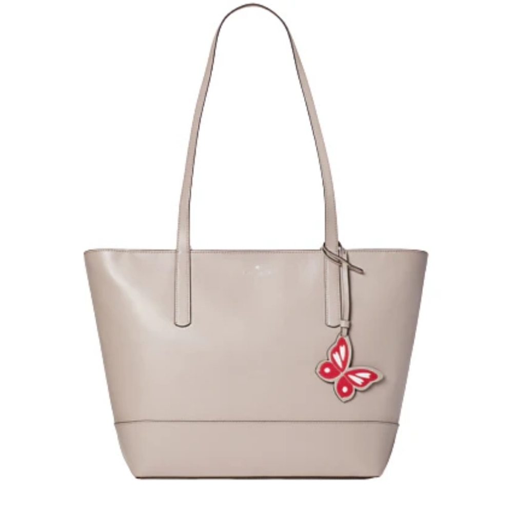 NEW Kate Spade Adley Taupe Large Leather Tote with Red Butterfly Charm